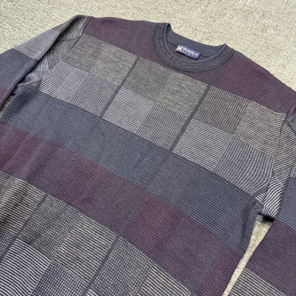 Marcello Sport Sweater Mens Medium Wool Blend Crewneck Purple Blue Block Pattern